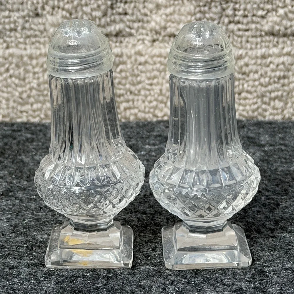 Bohemia Crystal Glass Salt and Pepper Shakers Set Vintage Diamond Cut Clear Read